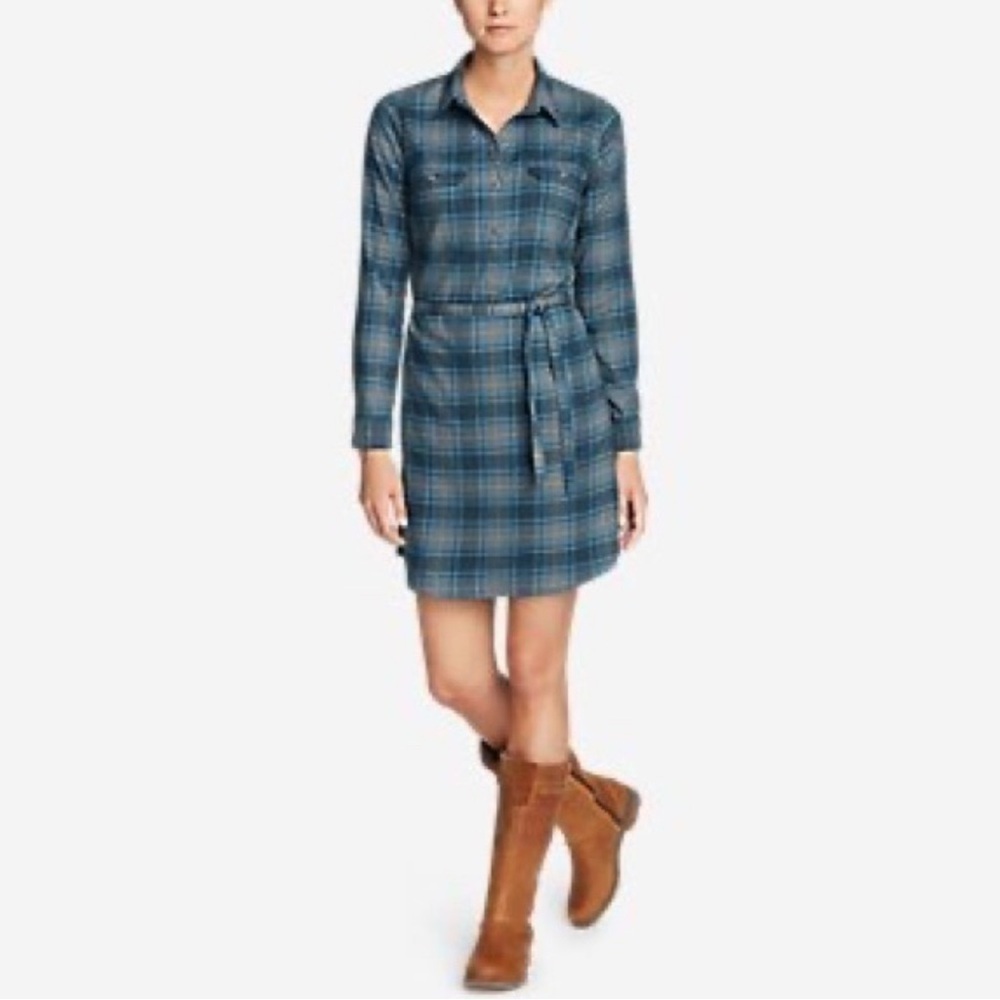 Eddie Bauer Blue Plaid Flannel Shirt Dress Size 0 xs Pockets Belt